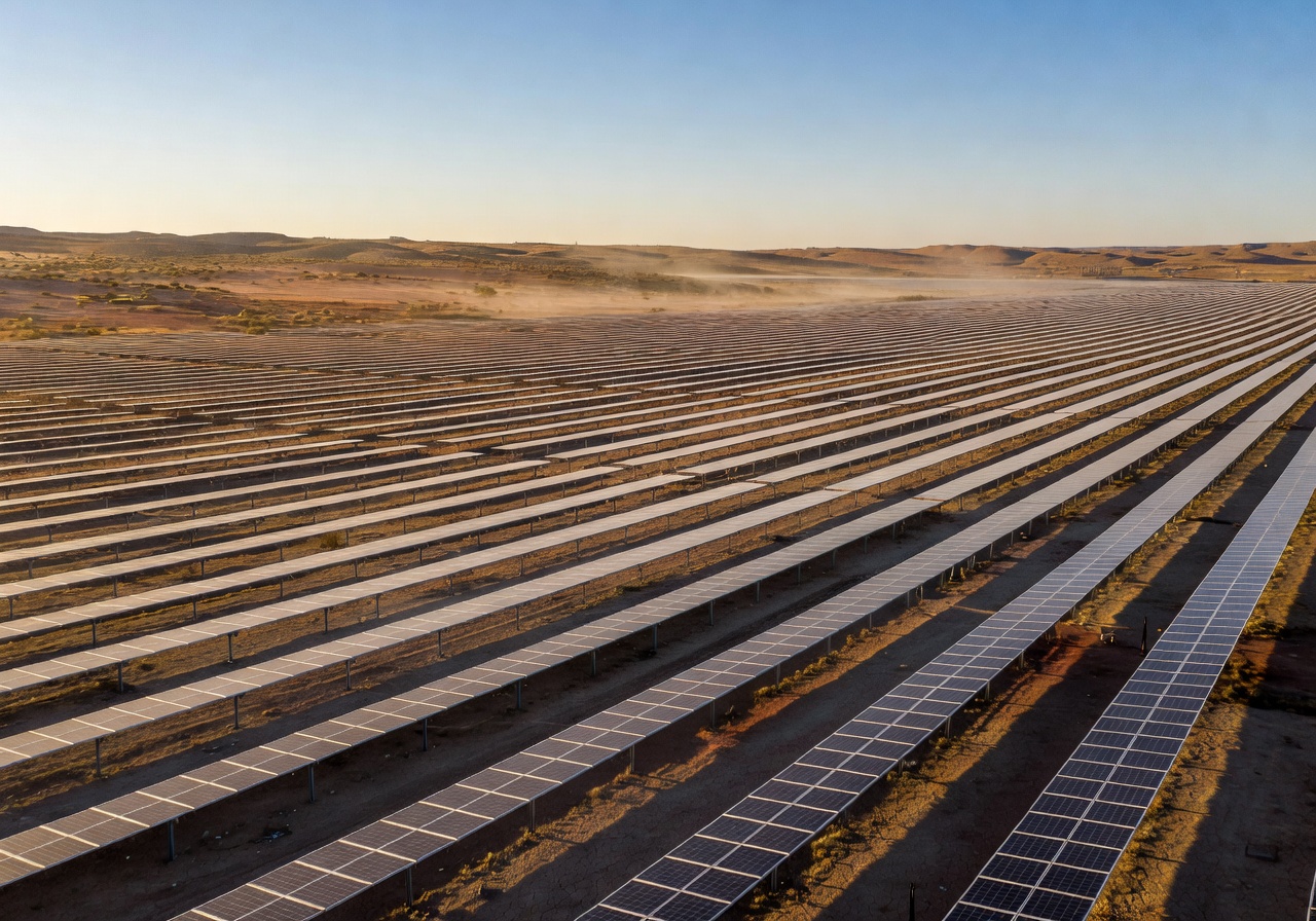 ACCIONA Energía solar field with rows of photovoltaic panels