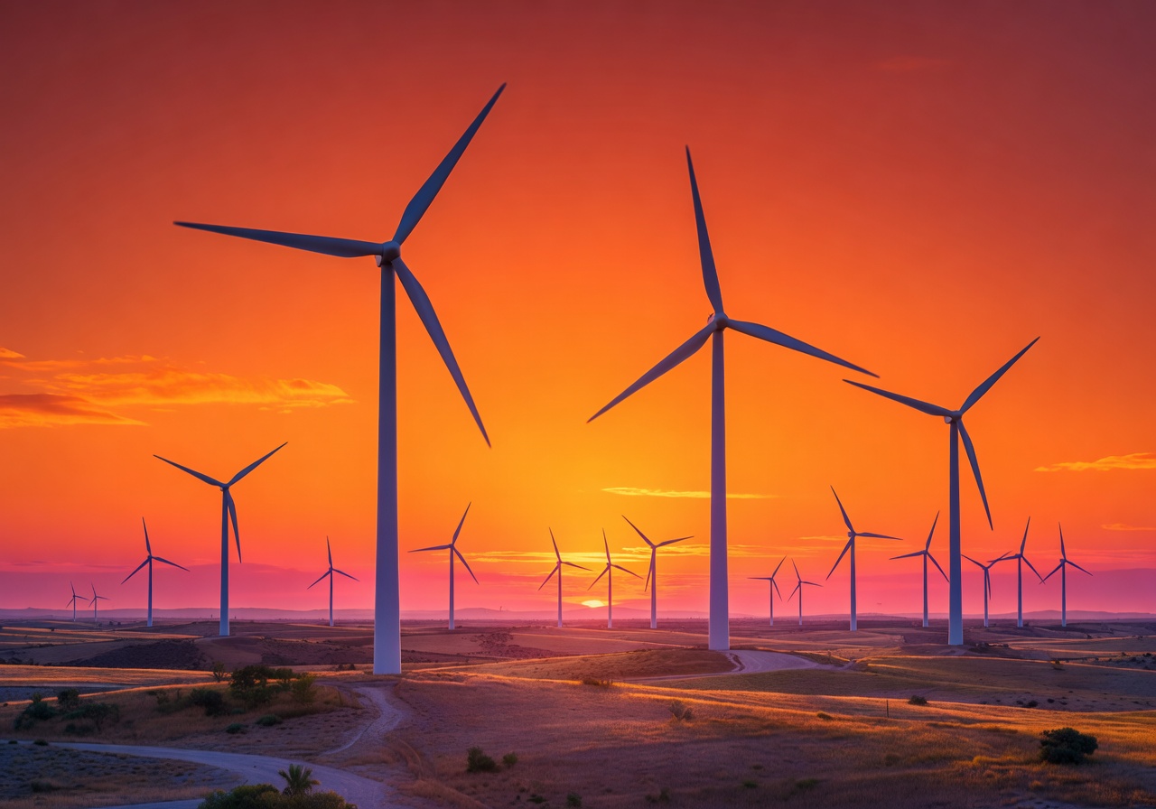 ACCIONA Energía wind turbines at sunset against a vibrant orange sky