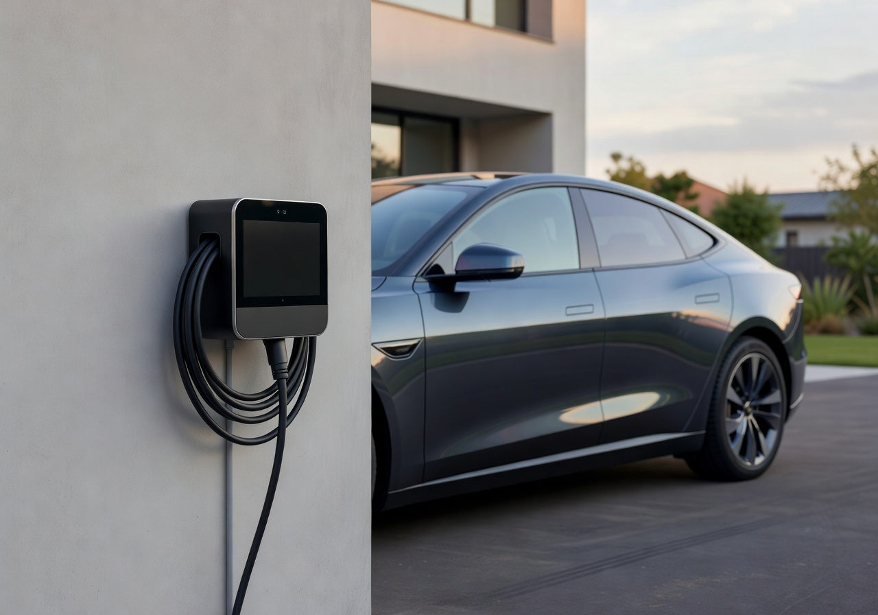 Compact Wallbox home charger installed beside an electric vehicle