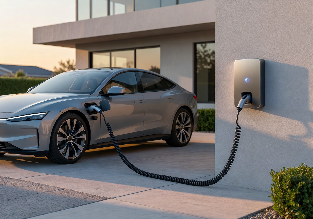 Electric vehicle plugged into a modern home charging station