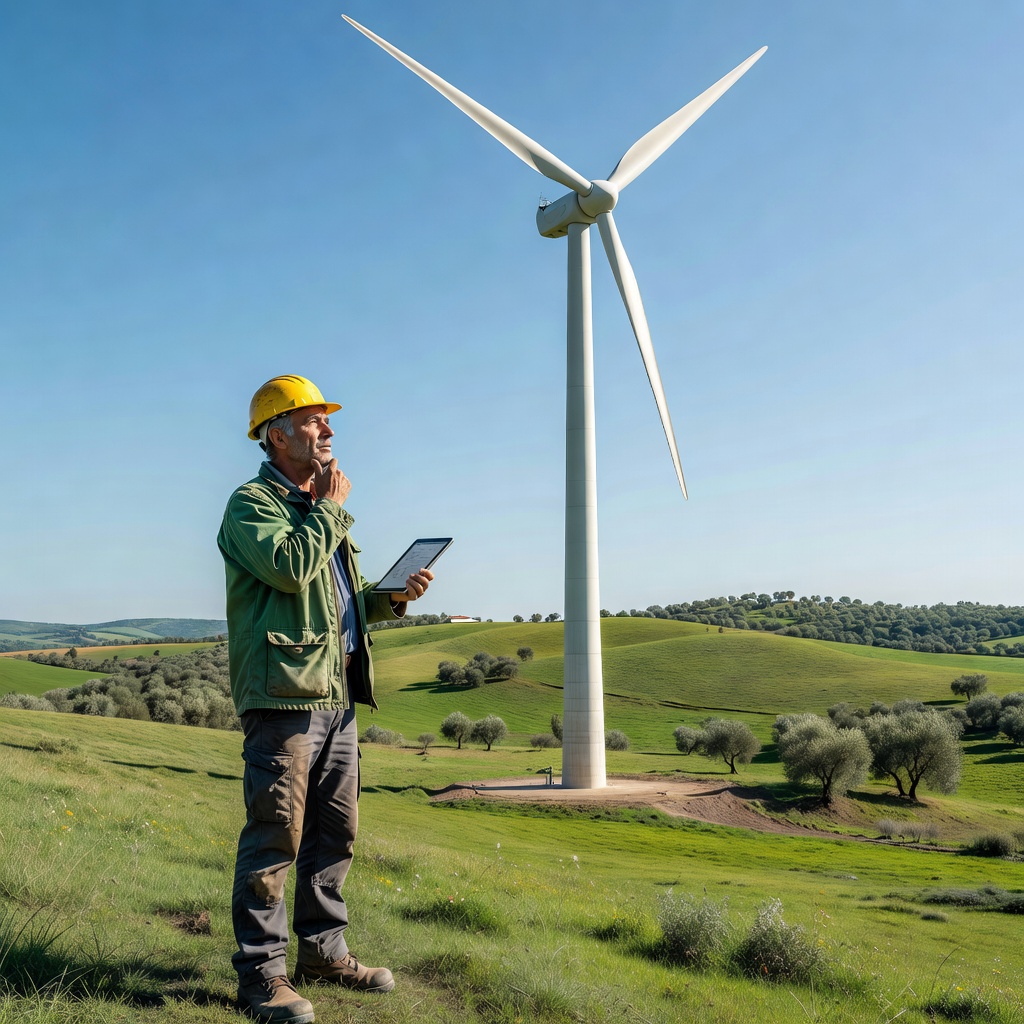 Engineer inspecting a wind turbine in a green Spanish landscape