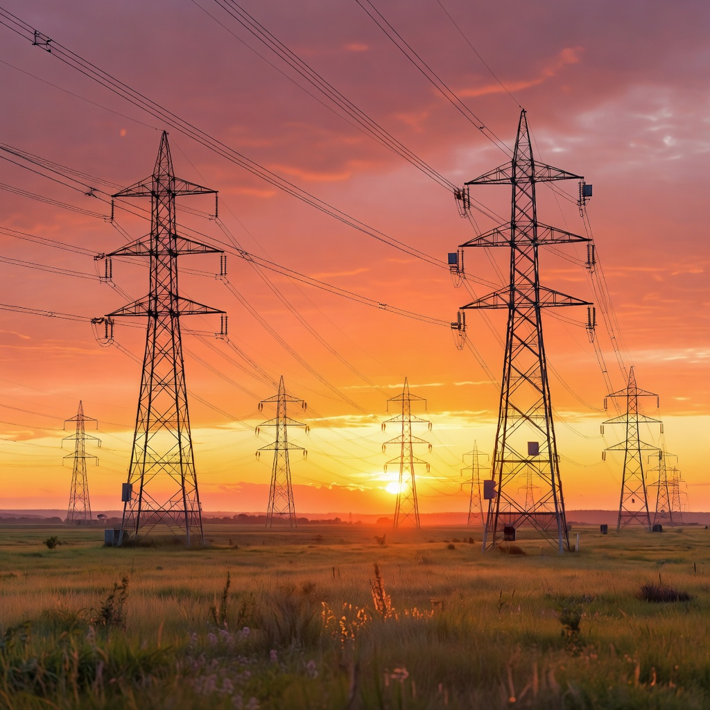 High voltage smart grid transmission lines at sunset