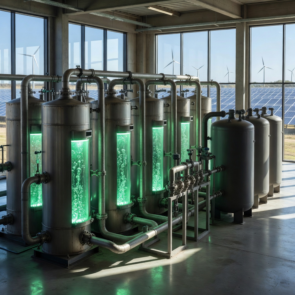 Industrial green hydrogen electrolyzer producing clean fuel
