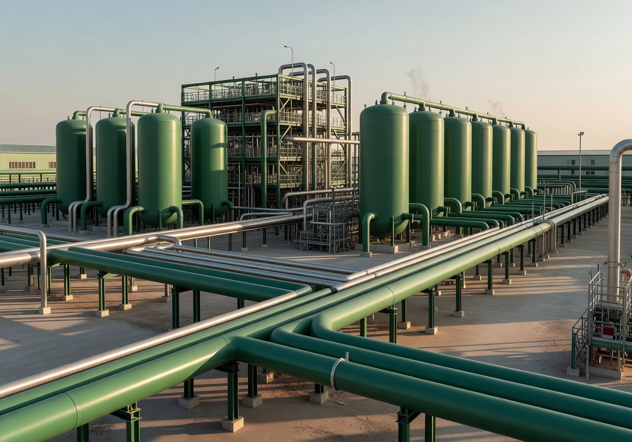 Industrial green hydrogen production facility with pipes and storage tanks