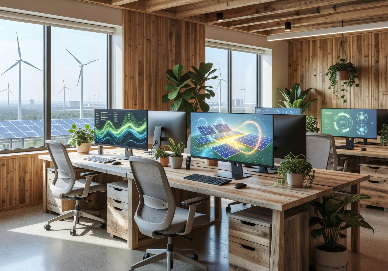 Modern office workspace with sustainable energy themed monitors