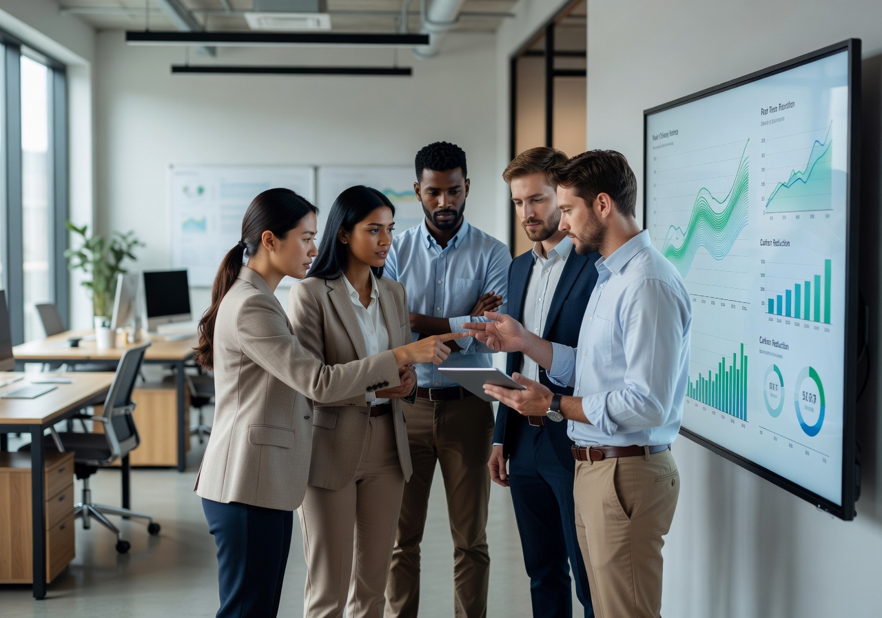 Modern team collaborating around digital screens displaying clean energy data