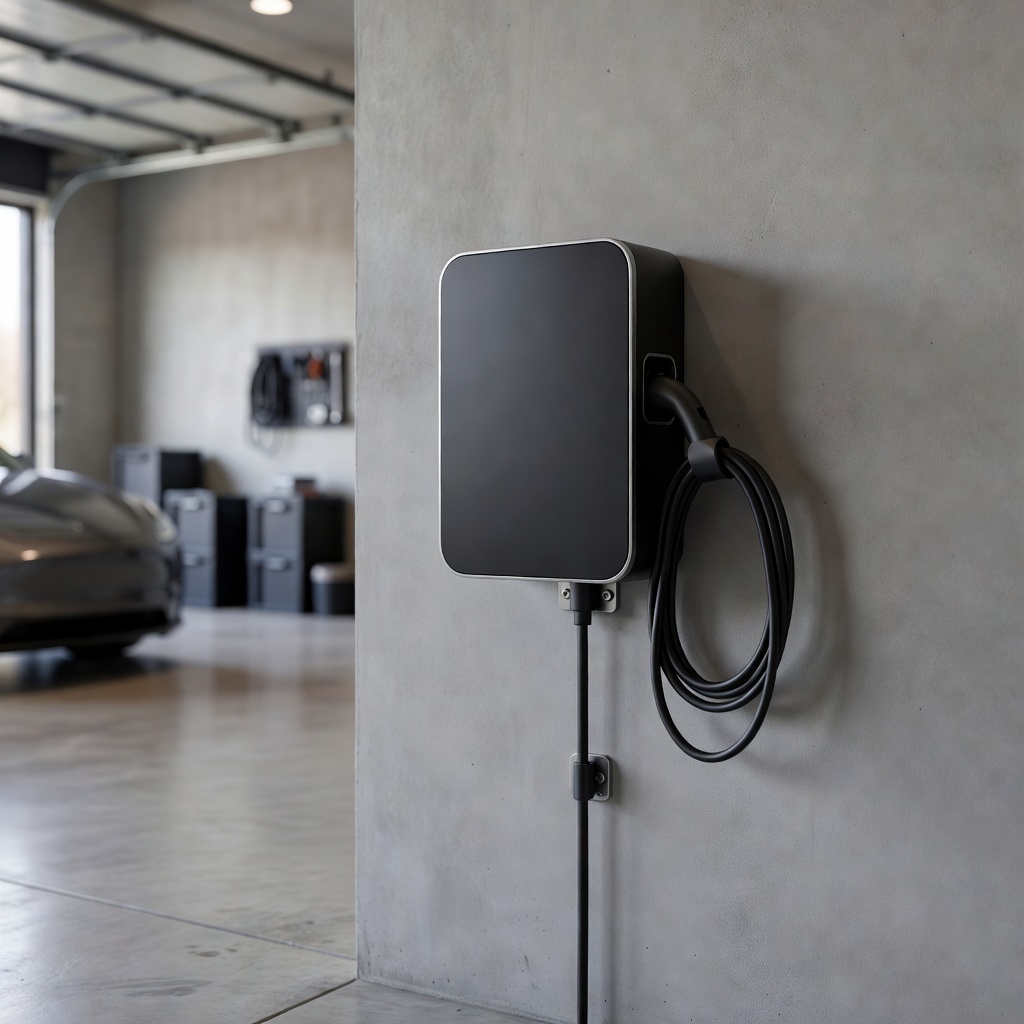 Modern Wallbox Pulsar Plus home charger mounted in a garage