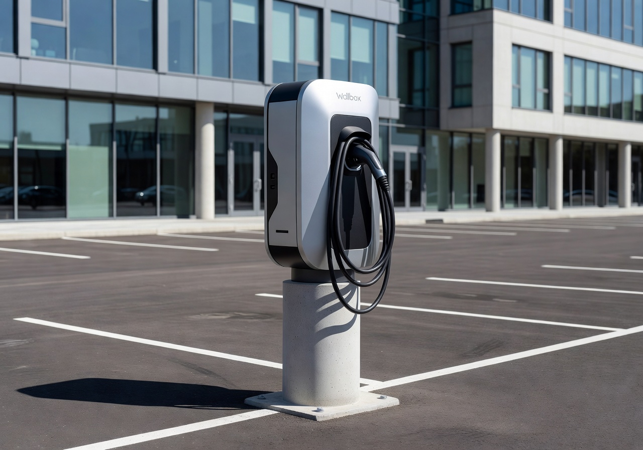 Public Wallbox commercial fast charger in a business parking lot