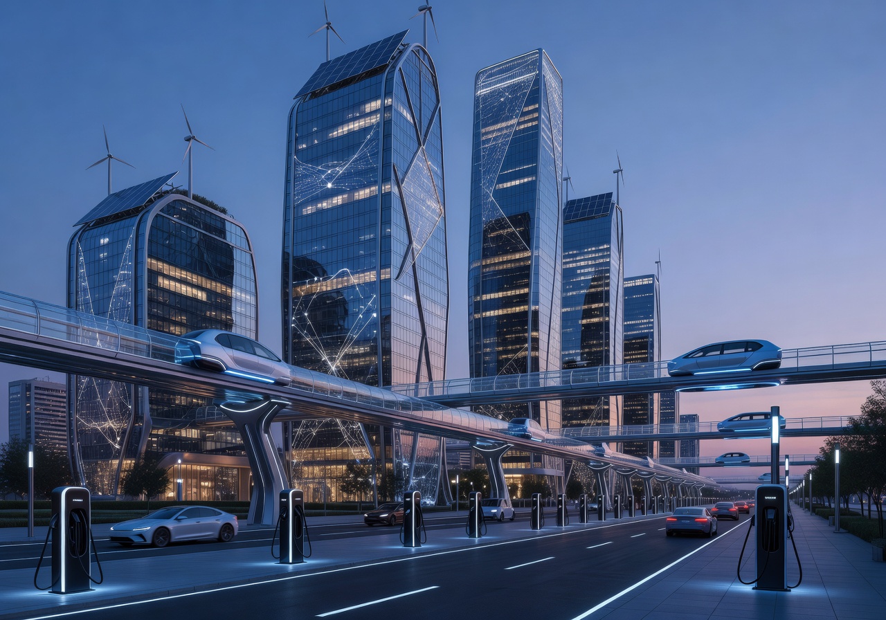 Smart city skyline with integrated electric mobility infrastructure