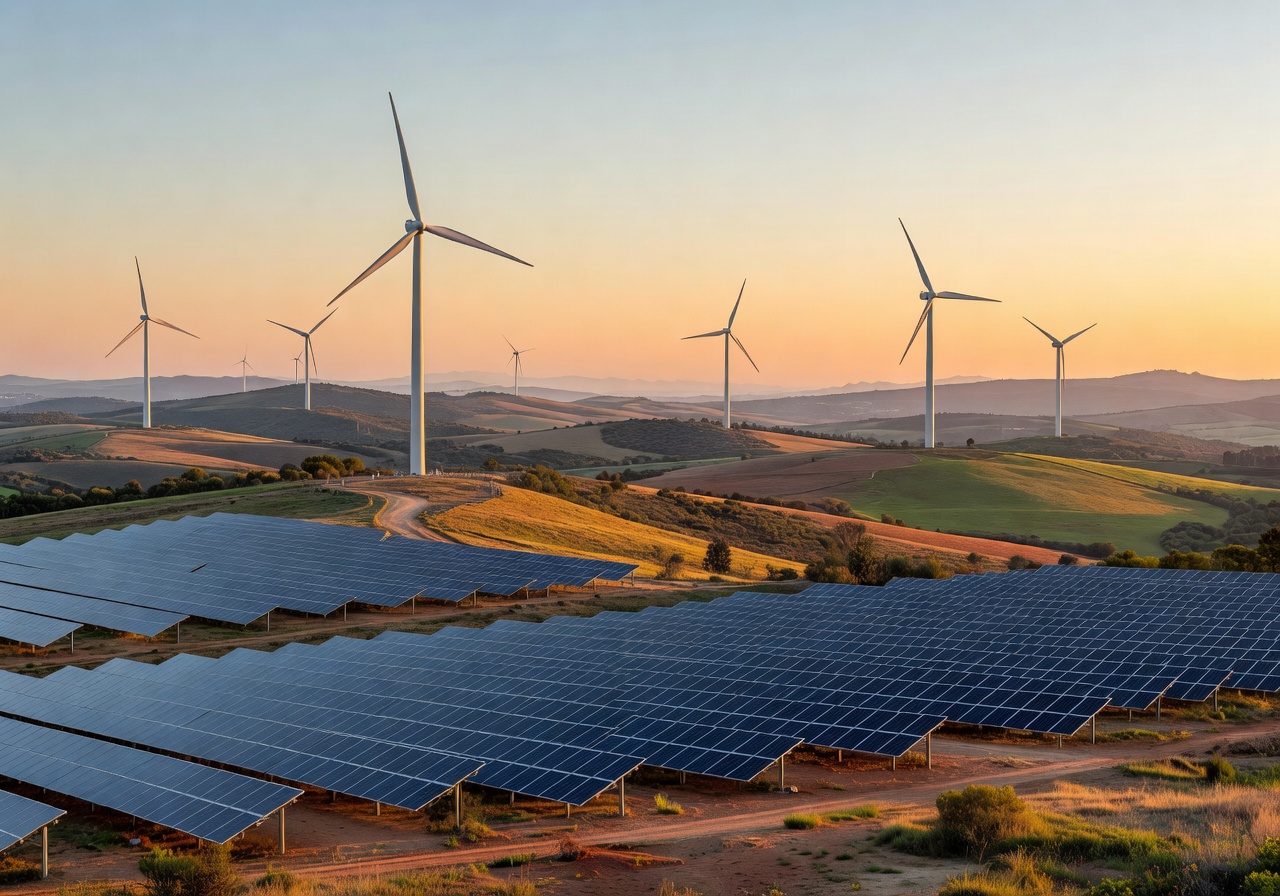 Solar panels and wind turbines stretching across rolling Spanish countryside