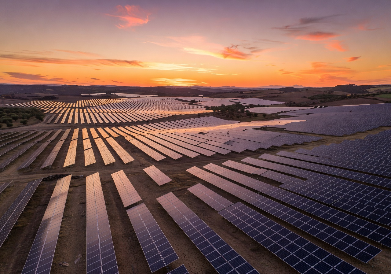 Spanish solar farm with panels stretching across the countryside at sunset