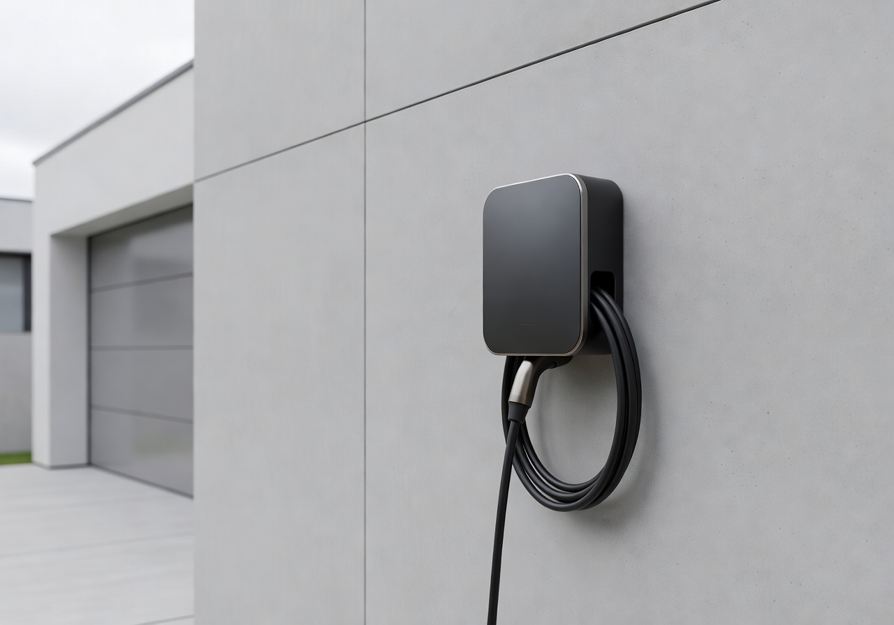 Wallbox electric vehicle home charging unit mounted on a modern wall
