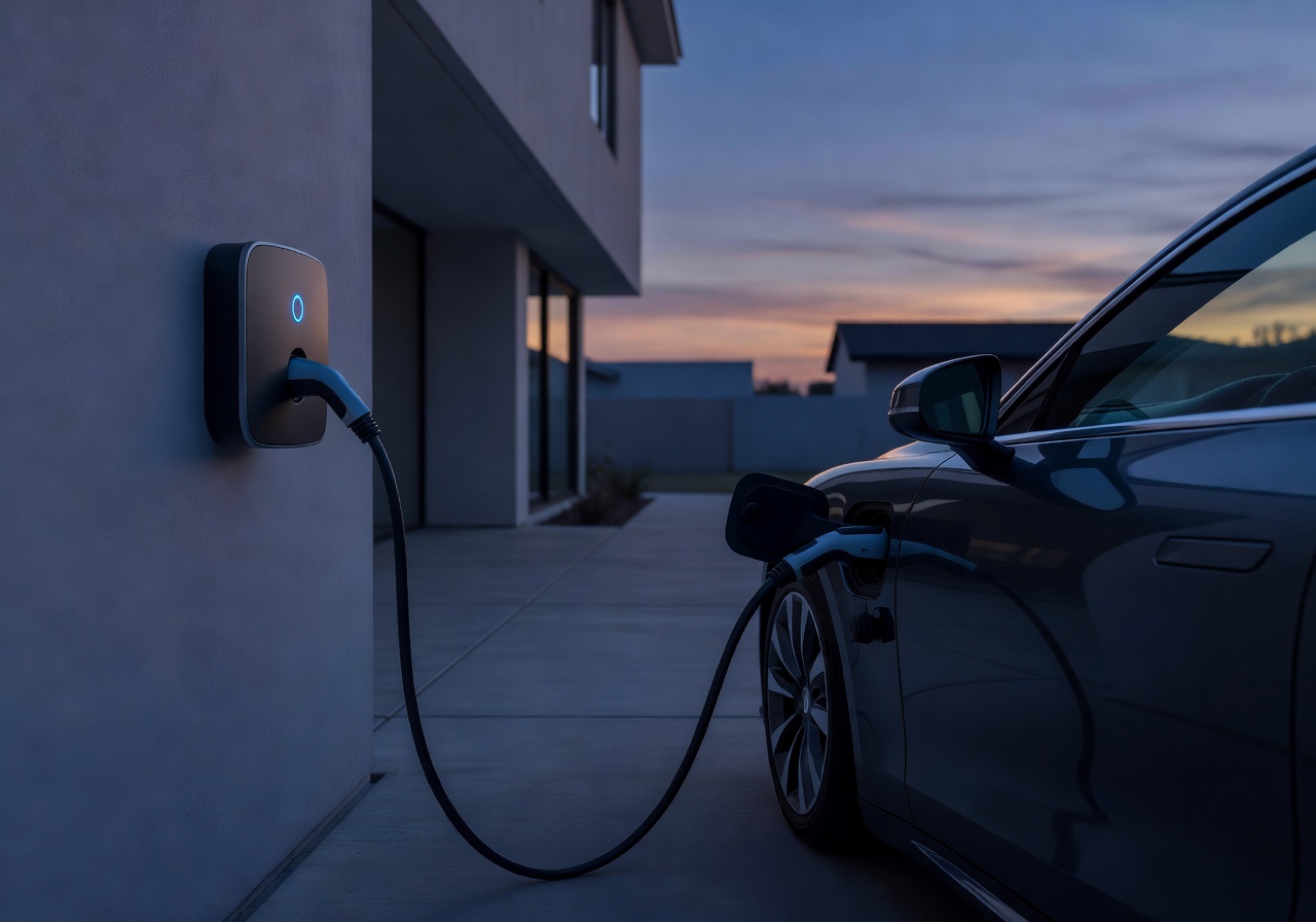 Wallbox EV charging station connected to an electric car at dusk