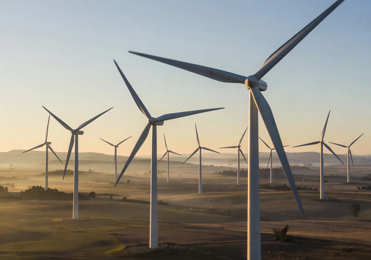 Wind turbine blades catching morning light at an ACCIONA wind farm