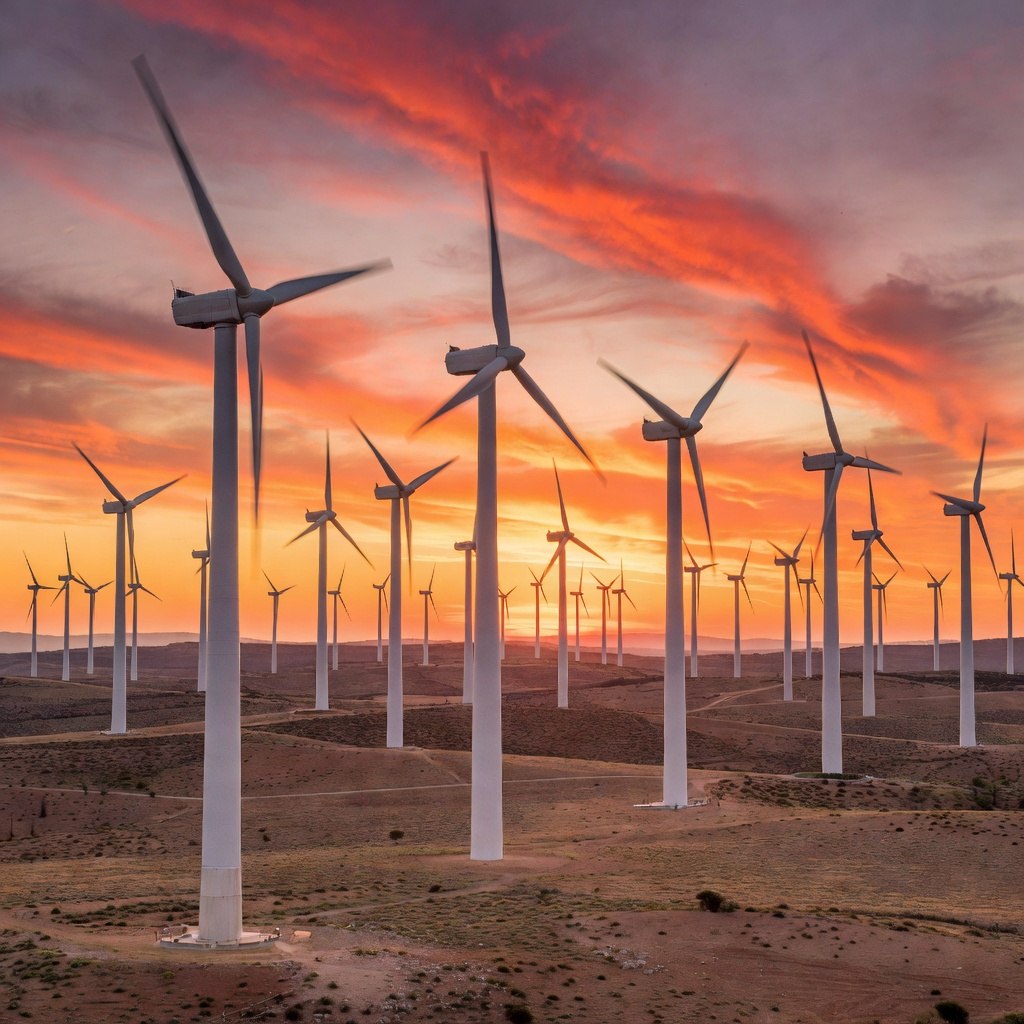 Wind turbines spinning at sunset in a Spanish wind farm